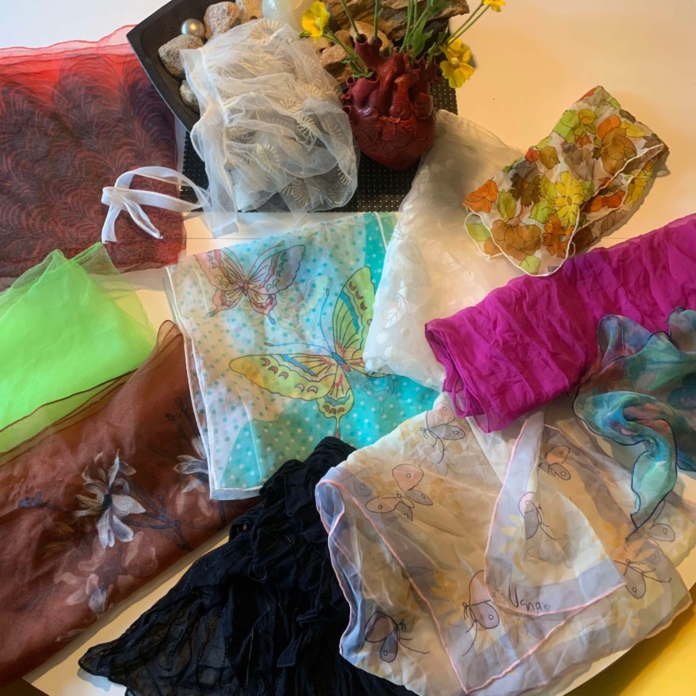 True Vintage Lot of 10 Chiffon Scarves One Bonnet 1960s Florals +